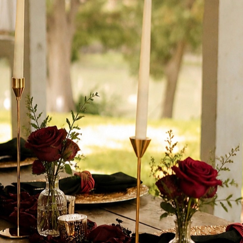 Reception table detail with burgundy runner, gold tapers and a single red rose