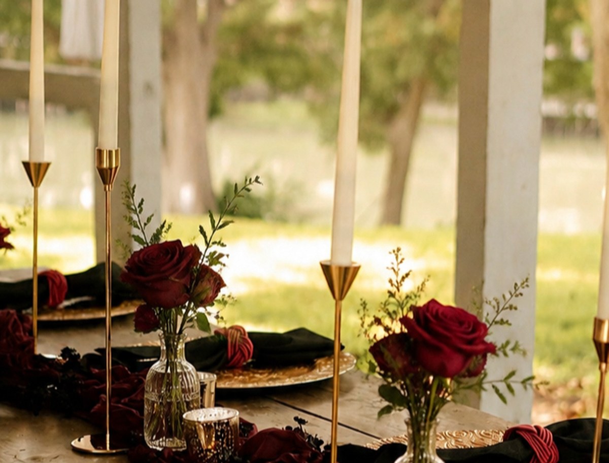 Close view of a reception table with burgundy runner, gold tapers and red roses