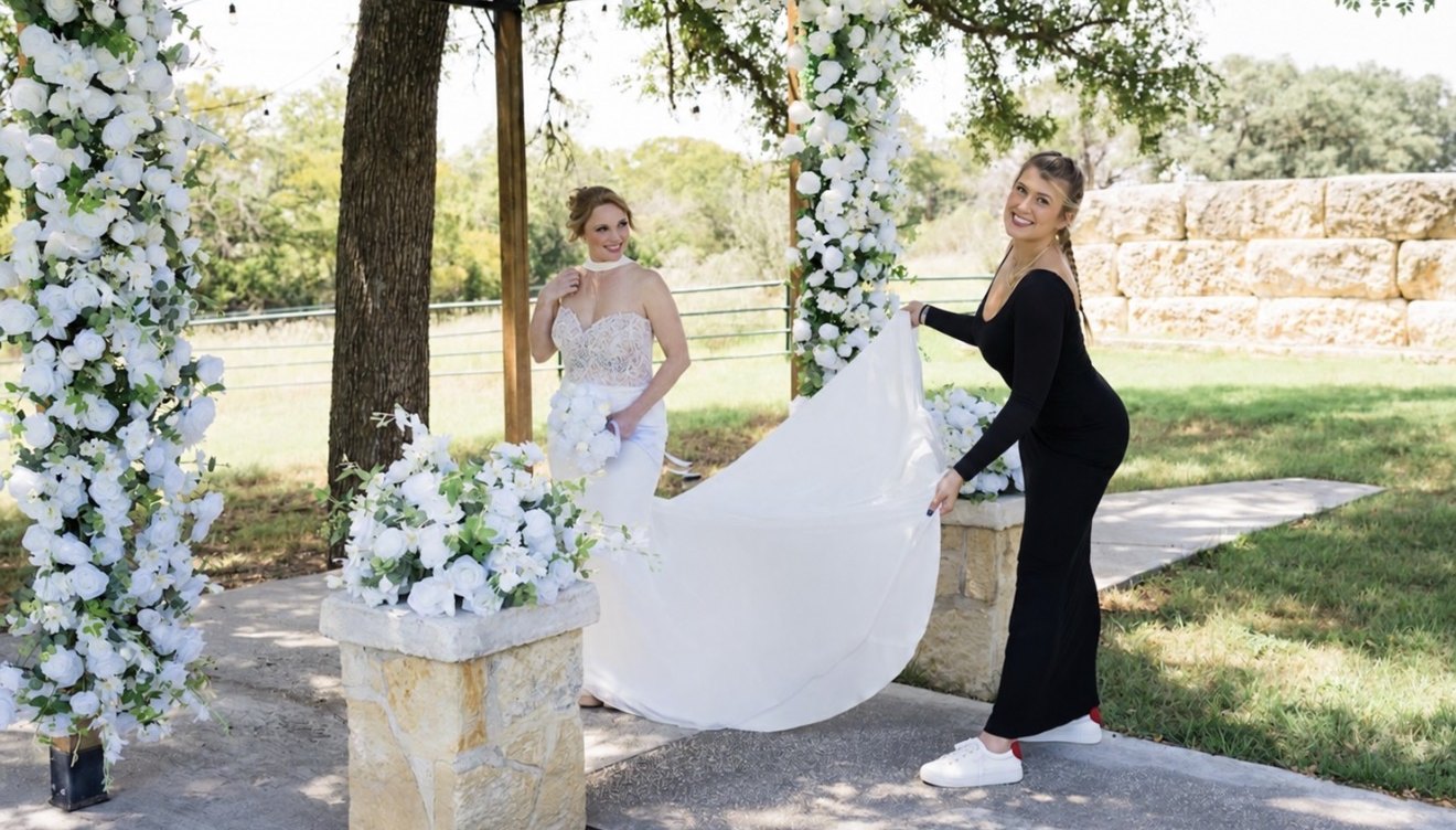 A Savvy Southern Events planner fanning out the bride's train beneath a white floral arbor
