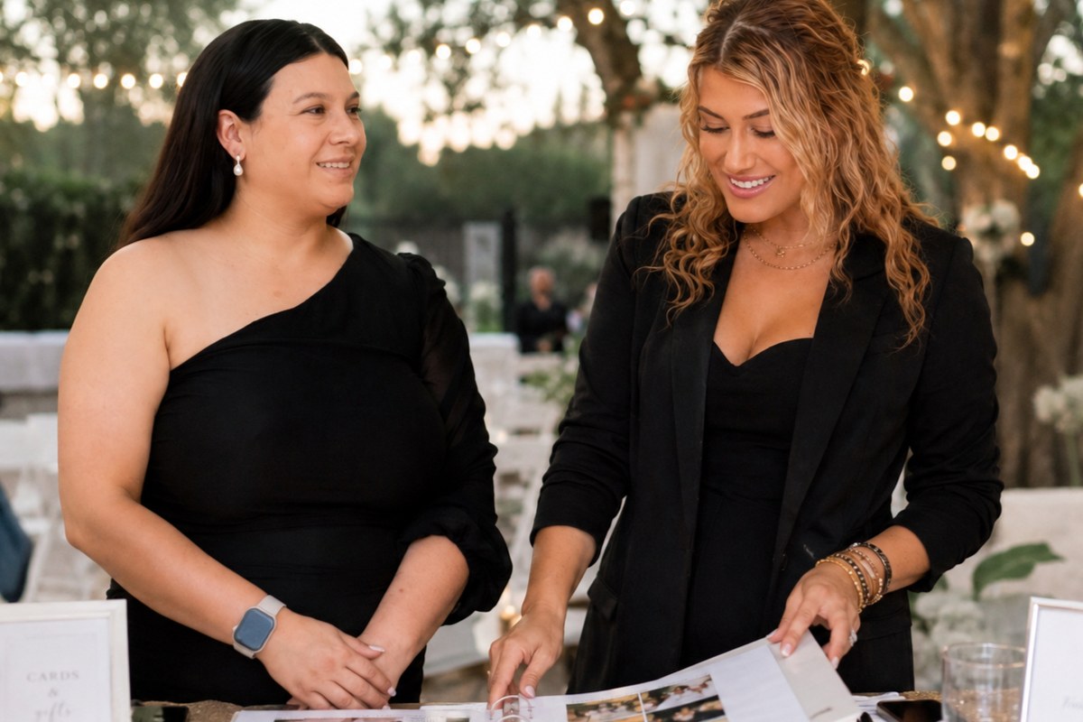 Two planners reviewing an open binder at an outdoor reception table